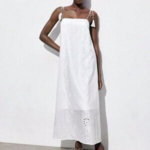 White Casual Women's Cotton Embroidered Long Spaghetti Strap Tassel Beach Dress